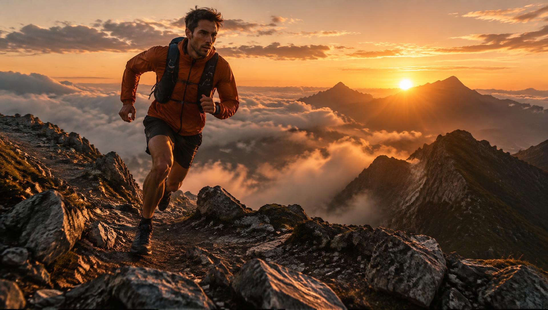 Corredor de trail em uma crista de montanha ao nascer do sol
