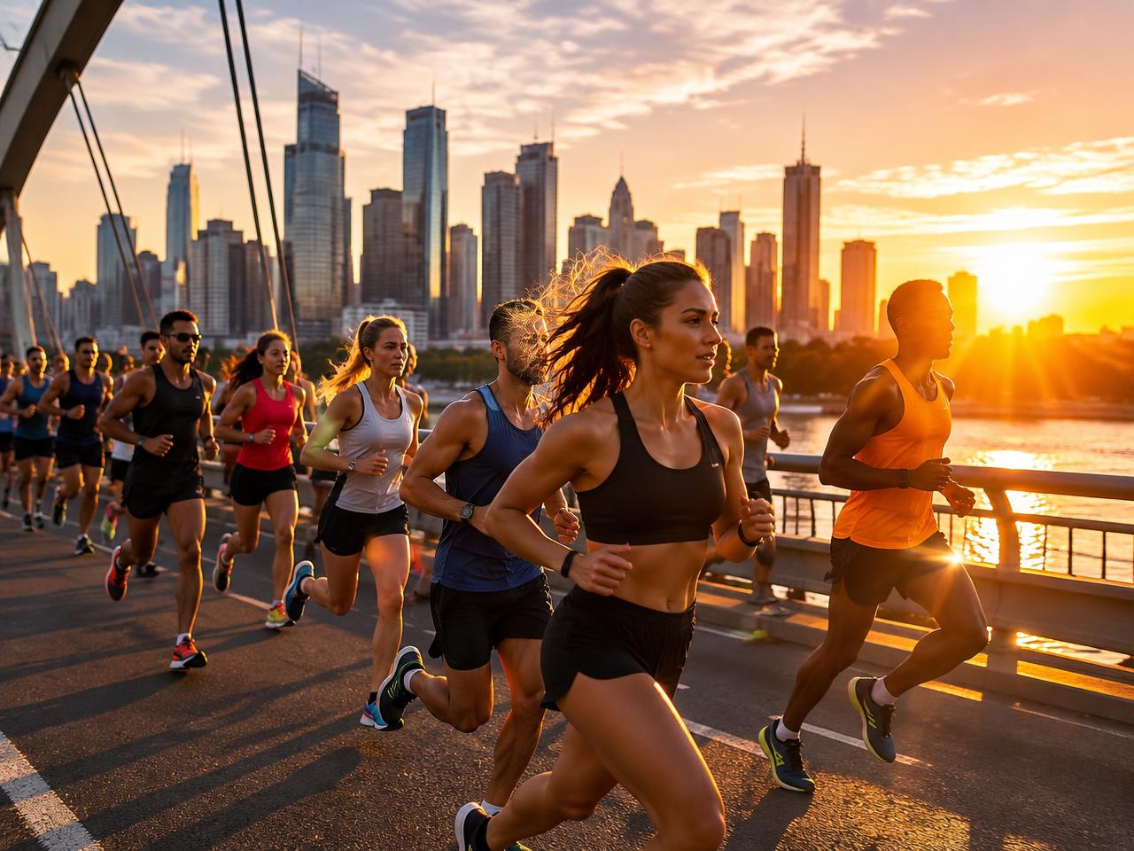 Pelotão de maratona sobre uma ponte ao pôr do sol
